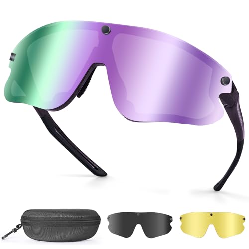 Odoland Fahrradbrille Magnetische mit 3 Magnetische Wechselgläser ink. grauer polarisierter Gläser Sport Sonnenbrille UV400 Schnelle brille für Herren Damen Sportbrille Fahrrad, Angeln, Laufen Violett