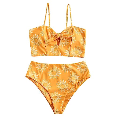 ZAFUL Knot Sunflower Sun Stars Moon Tankini Swimwear-Yellow S