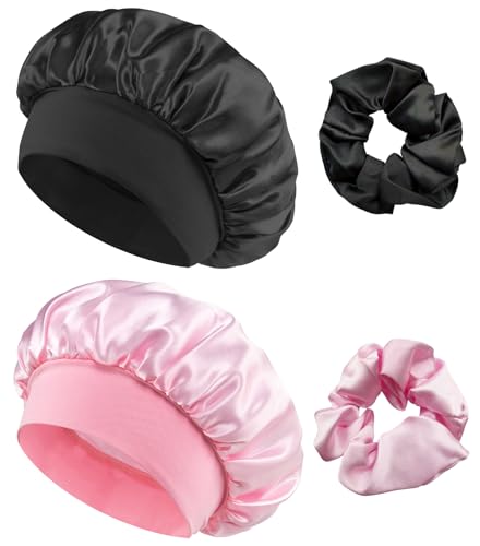 Loomify Satin Schlafhaube,2 Stück Seidenhaube Verstellbar Haarhaube Seide mit 2 Stück Satin Haargummis,Nacht Schlaf Haube Damen Mädchen Atmungsaktive Schlafkappe Duschhauben (Schwarz,Rosa)