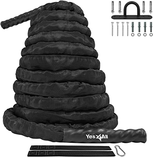 Yes4All Battle Exercise Training Rope with Protective Cover – Steel Anchor & Strap Included - 38/50 mm Diameter Poly Dacron 9, 12, 15 m Length (50 mm - 12 m) S1GA