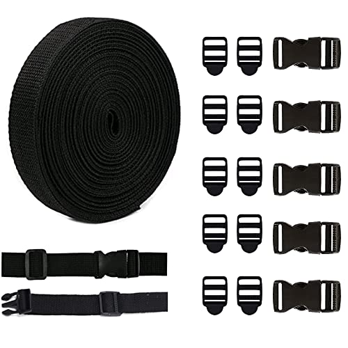 KOSHIFU 5M Gurtband 20mm Schwarz Nylon Gurtband mit Schnallen 15 Stück Steckschnalle Rucksack Schnalle Klippverschluss für Rucksack Gepäckgurten Tasche Hundehalsband