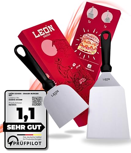 LEÓN Goods: Edelstahl Burger-Set u. Plancha Zubehör- Grillspachtel u. Grillwender für Gasgrill, Feuerplatte, Teppanyaki und Outdoor-Küche - Grillzubehör für perfekte Smash Burger (2-TLG.)