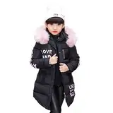 AKAUFENG Mantel Mädchen mit Fellkapuze Lang, Winterjacke Girl mit Pelzmütze Oberbekleidung Kinderjacke (Schwarz, 130)