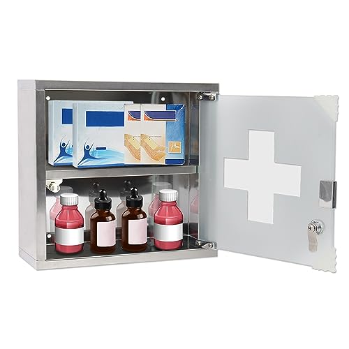 JOIEYOU Medizinschrank, Apothekerschrank aus Edelstahl, Medikamentenschrank mit 2 Fächer, Arzneischrank hängend Medikamenten Aufbewahrung 30x12x30 cm