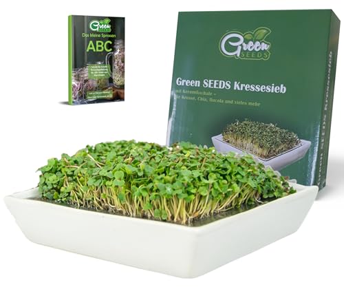 Green SEEDS® Kressesieb 1er Set | Edelstahlsieb mit hochwertiger Keramikschale | Anzuchtschale 14 x 14cm Spülmaschinenfest u. Rostfrei + Sprossen-ABC