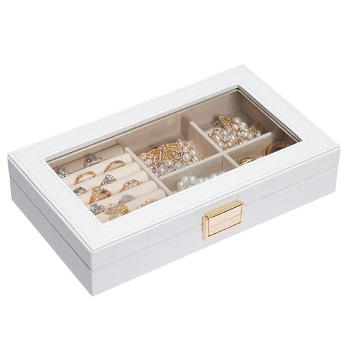 Seelux Schmuckablage, stapelbare Schmuckbox, Schubladen-Schmuckorganizer mit Glasdeckel, herausnehmbaren Trennwänden für die Schminktisch, Geschenkidee für Mädchen und Frauen (Weiß)