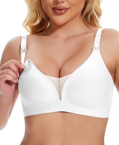 Jiuday Still BH ohne Bügel Große Brüste Damen Schwangerschafts- & Still-BHS Bequemer Gepolstert Spitze Seamless Nursing Bra Nahtloser Push Up Stillbh (Weiß,2XL)