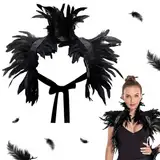 Federkragen Schwarz, Gothic Feder Achselzucken, Schwarzer Federumhang Damen, Feder Cape, Gothic Kostüm, Raben Kostüm Damen für Halloween Fasching Karneval Cosplay Maskerade