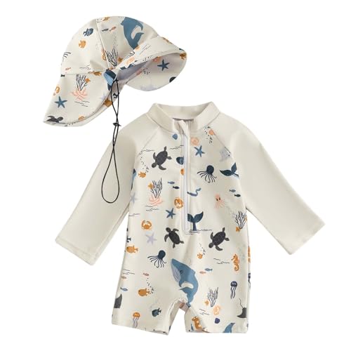 Generisch Baby Mädchen Langarm Badeanzug UPF 50+ mit Sonnenhut für 6-12 Monate