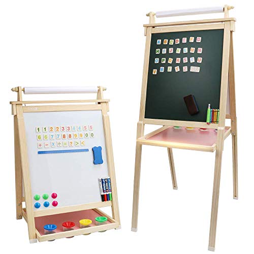 Dripex Kinder Kunst Staffelei mit Papierrolle doppelseitige Tafel und Magnetic Board für Kinder Malen Upgrade Whiteboard Kreidetafel(Holzfarbe)