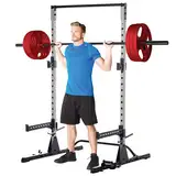 Fitness Reality Squat Rack Power Cage mit J-Haken, Landmine 360° Drehgelenk, Hantelscheiben-Aufsatz und Power Band Pegs grau