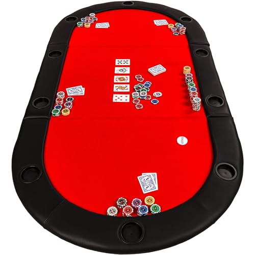 GAMES PLANET Faltbare Pokerauflage „Straight Flush“ mit Tasche, 208x106x3 cm, MDF Platte, gepolsterte Armauflage, 10 Getränkehalter, rot