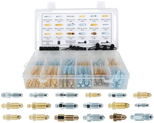 Dsnaduo 90 Stück 18 Arten Bremssattel & Radzylinder Entlüftungsschraube Bremsventil Schrauben-Sortiment mit 15 Staubkappen, Standard SAE & metrische Entlüftungsschrauben, Entlüftungs-Set, ersetzt