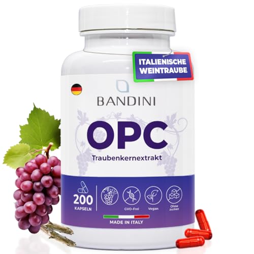 Bandini® OPC Traubenkernextrakt 200 Kapseln | 95% reines OPC je Kapsel, aus italienischen Weintrauben | Höchster OPC Gehalt 1000mg EXTRAKT mit 950mg OPC + 24mg VITAMIN C | Hochdosiert, Vegan, GVO-frei