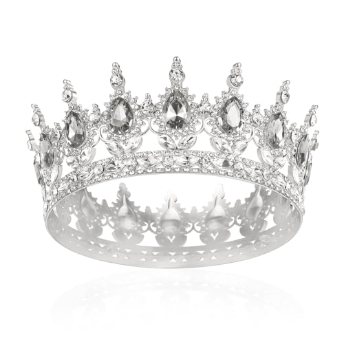 Krone Mädchen Damen Voll Runde Braut Diadem Kristall Königin Krone Barock Silber Tiara Sparkly Klar Strass Prinzessin Kostüm Hochzeit Prom Geburtstag Pageant Party Tortenaufsatz Karneval Kopfschmuck