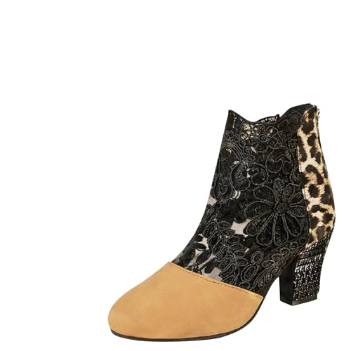 Damen Stiefeletten Elegant - Lace Hohl Kurzstiefel Leoparden Mit Absatz - Leichte Spitz Halbstiefel Spitze Damenstiefel - Bequem Kunstleder Stiefel Halbstiefel Freizeit Stiefel Westernstiefel