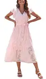 Damen Sommer Midikleid Kurzarm Wickelkleider V-Ausschnitt Elegantes A-Linie Strandkleid Jacquard Rosa XL