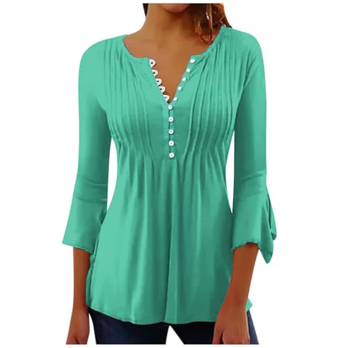 Tunika Damen Langarm Warehouse Deal Bluse Damen Sommer Lässiges Kurzarm T-Shirts V-Ausschnitt Knopfleiste Sommershirts Elegant Vintage Tunika Oberteil Locker Plissiert Longshirt Longbluse Tee Tops