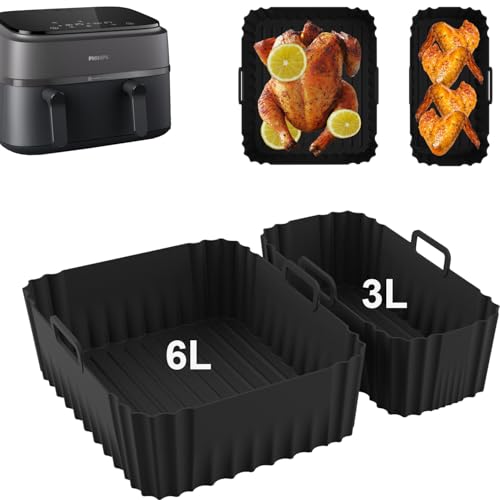 2 Stück Silikonform Heißluftfritteuse Zubehör für Philips Dual Basket Airfryer 3000-serie 6L/3L, Heißluftfritteuse Silikonform Airfryer Zubehör für Philips Airfryer Dual Basket 3000