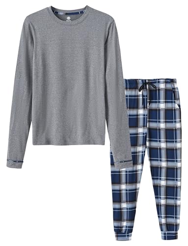 MoFiz Jungen Schlafanzug Lang Pyjama-Set Kinder Weich Niedlich Langarm Shirt und Karierte Schlafanzughose Lang Nachtwäsche Loungewear Hausanzug Set Grau Größe L (DE 152-164)