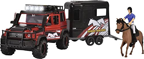 Dickie Toys - Horse Trailer Set (42 cm) - rot-schwarzer Spielzeug-Truck mit Pferdeanhänger, Pferd & Reiter - für Kinder ab 3 Jahren