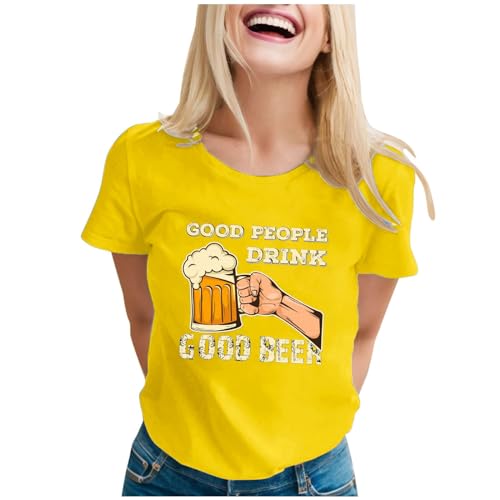 Damenmode, T-Shirt mit Aufdruck „Bierfest“ und Rundhalsausschnitt, kurzärmelig, lässig (3) Strumpfhose (Yellow, XXL)