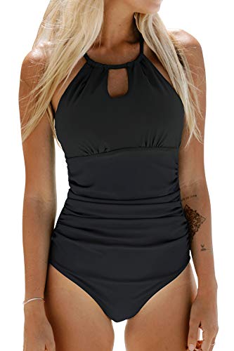 CUPSHE Damen Badeanzug High Neck Bademode Raffung Bauchweg Cut Out Einteilige Strandmode Swimsuit Schwarz M