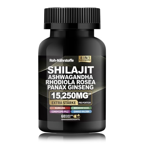Shilajit Pure Himalayan Organic Supplement 15250MG mit Rhodiola Rosea 1000MG, Ashwagandha 2000MG, Ginseng, Ginkgo Biloba, Kurkuma, Cordyceps-Pilz, Brennnessel für volle Körperkraft 8-in-1