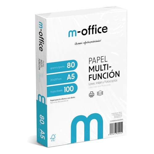 A5-Papier, 80 g, Packung mit 100 Blatt, Multifunktionspapier für Inkjet- und Laserdrucker, A5-Blätter, 148 x 210 mm, ideal für Büro und Zuhause · m-office (100 Blatt)