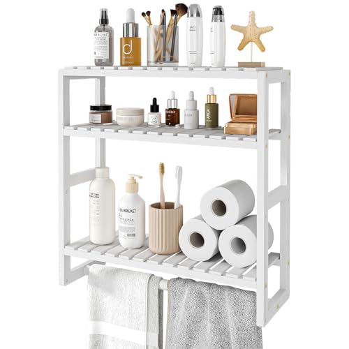 Bamworld Badezimmer Regal Badmöbel Bambus 3 Etagen Organizer Badezimmermöbel Für die Wand Platzsparend Modern （weiß）（42x15x42cm）