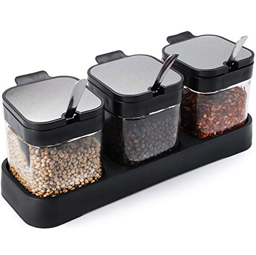 WUWEOT Gewürzbehälter 3er Set aus Glas 220 ml Gewürzgläser Gewürzdosen Gewürzständer Glasgewürzbox Zucker- und Salzdosen-Set mit Deckel Löffel und Halter für Küche und Esstisch Schwarz