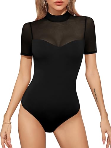 Missufe Damen Elegant Sommer Kurzarm Mesh Body Oberteil T Shirt Top (schwarz, Small)