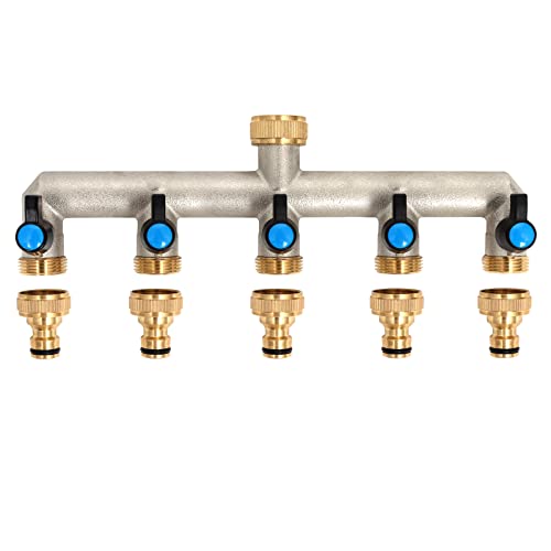 5-Wege Wasserhahn Wasserverteiler aus Messing für 5 Geräte/Gartenschläuche, 5er Verteiler 3/4" Adapter 1/2" mit Kugelhahn zum Einstellen und Absperren des Wasserflusses