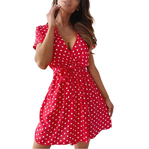 Skang Luftiges Sommerkleid Damen Kurzarm bedrucktes Polka Dot Schnürkleid Damen Sommer Kleider Schwarz Damen