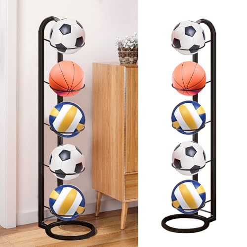 GZCZCC Balllagerregal Schwarz Ballständer Fussball 5 Bälle Ballständer für Fussball Ball Aufbewahrung Fußball Ball Regal Mehrschichtiges Integriertes Volleyball Fußballregal Stehend (Black)