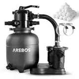 Arebos Sandfilteranlage mit Pumpe inkl. 600g Filterbälle | Schwarz | 350W | 10.000 L/h | Tankvolumen bis zu 20 kg Sand | 7 - Wege Ventil mit Griff | mit Druckmanometer | Poolfilter