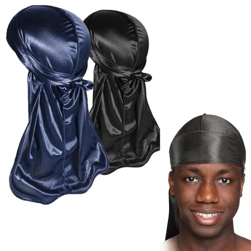 Comioke Silky Durag, Silk Du Rags für Männer und Frauen, 2 Stück Silky Durag für Männer, Premium Satin Do Rags Do Rags mit langem Schwanz für 360 Waves, Perfekt für Waves