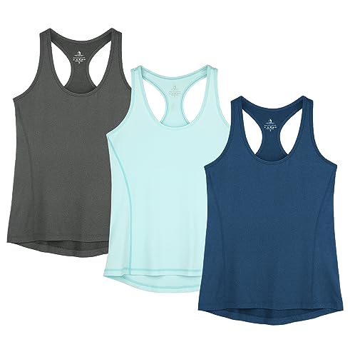 icyzone Damen Sporttop Yoga Tank Top Ringerrücken Sport Oberteil Laufen Fitness Funktions Shirt, 3er Pack (L, Dark Grey/True Navy/Aqua)