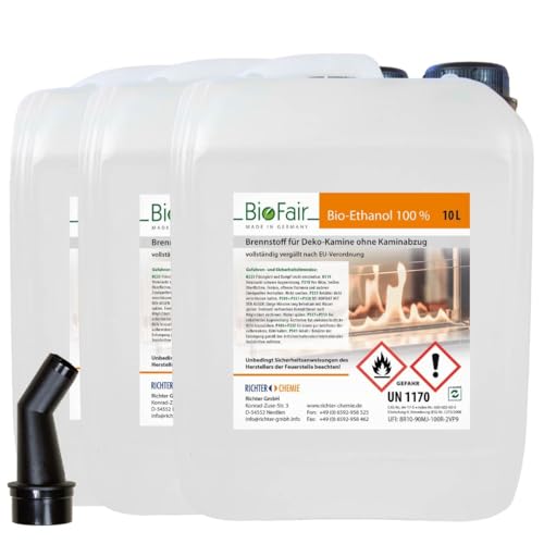 30 Liter Bioethanol 100% in Geprüfter Premium Qualität für Kamin, Tischkamin, Indoor/Outdoor | 3 x 10L Kanister