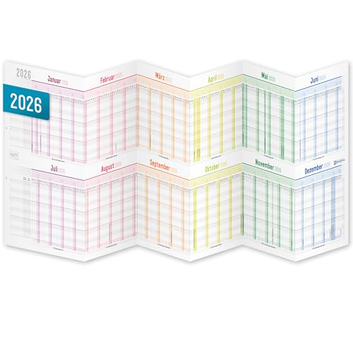 Häfft® Urlaubsplaner 2026 Mitarbeiter faltbar/gefalzt - A4 zum Abheften (ausgeklappt 89 x 29 cm) für 12 Personen oder Projekte "Rainbow" - nachhaltig & klimafreundlich