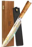 YOUSUNLONG Sashimi-Schneidemesser - 215mm Sujihiki Yanagiba Messer - Superscharfer Schnitt - Japanische handgefertigte Kupfer-Damaszener-Stahl Klinge - Naturel Burl Holzgriff mit Leder