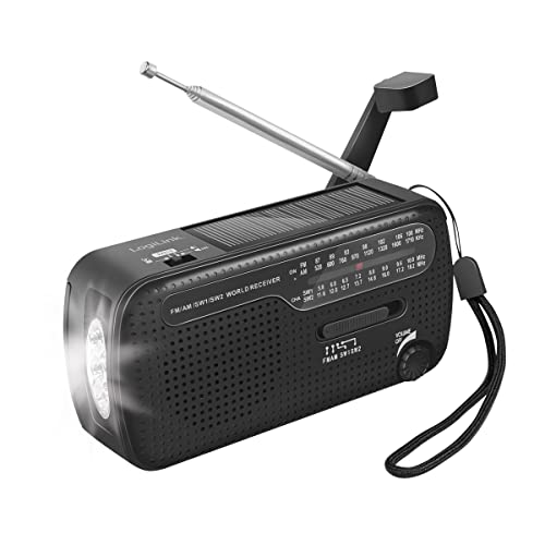 LogiLink Notfall Radio mit 3 Lademöglichkeiten: Dynamo-Handkurbel, Solarpanel und USB, mit integrierter Taschenlampe