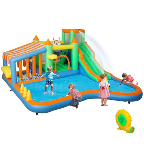 AIYAPLAY Hüpfburg mit Gebläse, Wasserrutsche, Planschbecken, Ballgrube, Kletterwand, Wurfring, Sprung, Basketballkorb, Wasserkanone, Aufblasbare Springburg für 3-8 Jahre, 416 x 370 x 195 cm