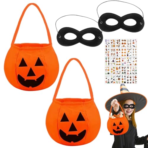 Halloween Tasche,Halloween Eimer für SüßIgkeiten,Halloween Tasche für SüßIgkeiten,Kürbis Tasche,Halloween Tasche Kinder,Halloween Korb für SüßIgkeiten,2 Kürbis Tasche+2 Augenmasken+2 Aufkleber