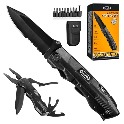 RoverTac Taschenmesser Klappmesser Multitool – Survival-Campingmesser mit Zange, Flaschenöffner, Dosenöffner, 9-in-1 Schraubendreher-Set und Nylonhülle, Messer für Camping und Wandern