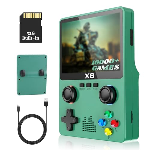 Bewinner X6 Retro Handheld Spielekonsole, 10000+ Spiele Tragbare Videospielkonsolen mit 3,5 Zoll IPS Bildschirm & Dual Joystick, Unterstützung Zum Anschließen eines Fernsehers (Grün)