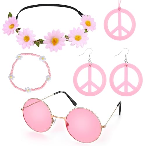FINEASY 5 Stück Hippie Accessoires Set, 60er 70er Kostüm Zubehör, Vintage Hippie Brille Friedenszeichen Halskette Sonnenblume Ohrringe, Hippie Party Zubehör für Damen und Herren