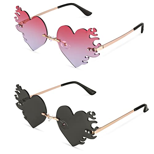 AUXSOUL 2 Paare Herz Sonnenbrille Damen, Nette Prom-, Neuheit Herz Feuer Flamme Brillen, Herzförmige für Hippie Schick Kleid Zubehör, Rose Gold Rahmen(2 Farben)