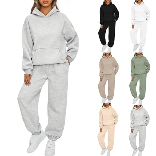 BAWUTZ Damen Hausanzug mit Kapuze 2 Teile, Damen Jogginganzug Set Sweatshirt mit Hose Elegant Freizeitanzug,Sport Hosenanzug Langarm Hoodie Damen Hausanzug (Hellgrau,M)