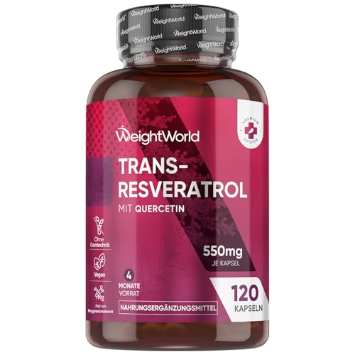 Resveratrol Kapseln - 500mg Trans-Resveratrol mit 50mg Quercetin - 4 Monate Vorrat - Alternative zu OPC Kapseln - 120 vegane Kapseln ohne Magnesiumstearat - Polyphenole aus Knöterich - WeightWorld
